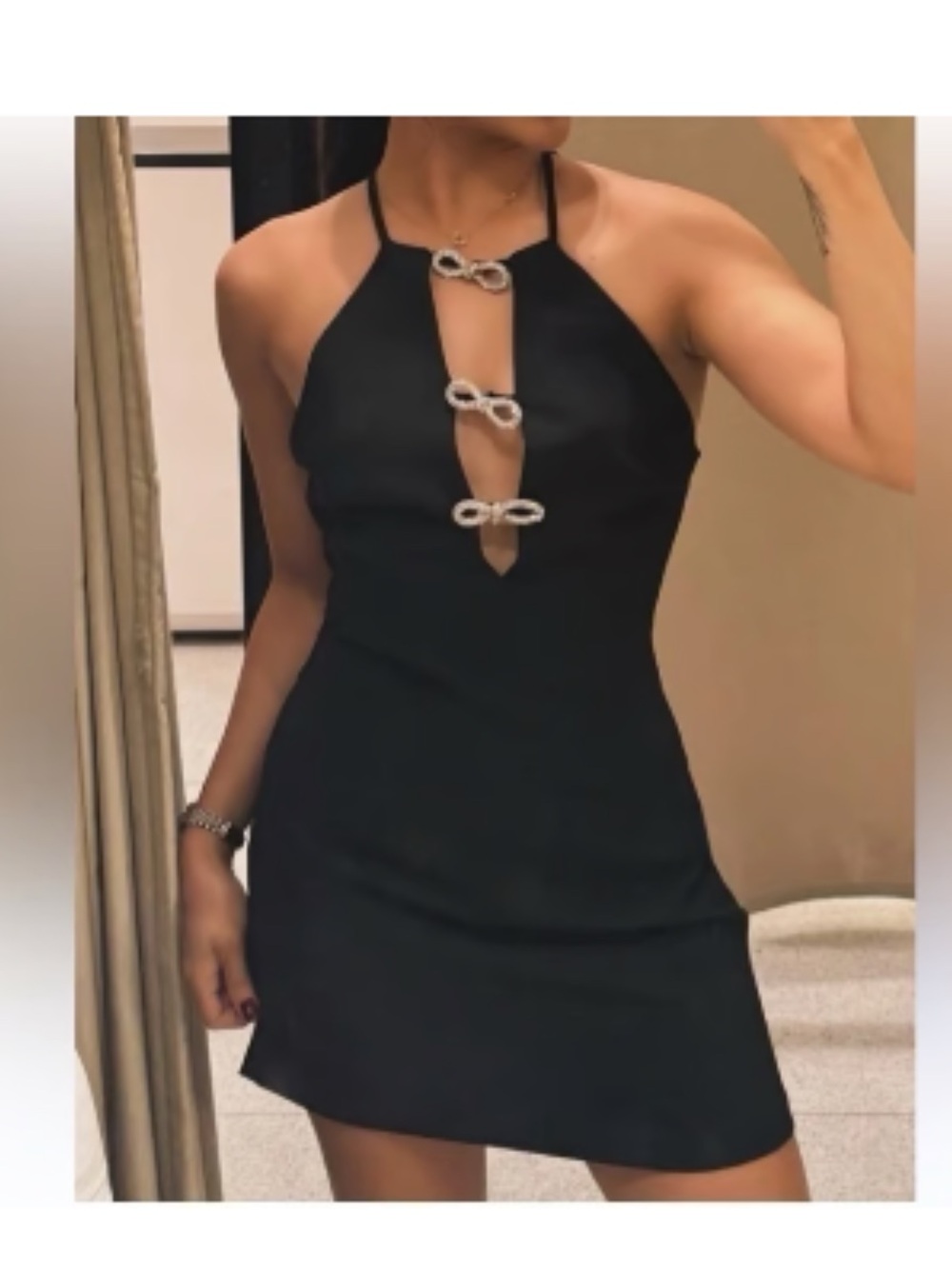 Zara Black Halter Mini Dress with Silver Link Details